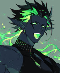 Rule 34 | 1boy, azaya (kuroi azaya), black hair, black skin, colored sclera, colored skin, colored tongue, earrings, fangs, fiery hair, fire, green background, green fire, green hair, green pupils, green sclera, green tongue, highres, hoop earrings, jewelry, looking at viewer, male focus, multicolored hair, open mouth, original, pointy ears, short hair with long locks, simple background, skin tight, sleeveless, solo, streaked hair, two-tone hair, upper body, white eyes