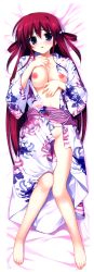 Rule 34 | 10s, 1girl, absurdres, barefoot, blue eyes, blush, breasts, covered erect nipples, d:, dakimakura (medium), feet, full body, fumio (ura fmo), grisaia (series), grisaia no kajitsu, highres, huge filesize, japanese clothes, kimono, large breasts, legs, long hair, long image, long legs, lying, nipples, no bra, no panties, official art, on back, open clothes, open kimono, open mouth, red hair, scan, solo, suou amane, sweat, tall image, toes, topless, yukata