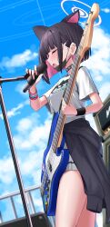 Rule 34 | 1girl, animal ears, black choker, black hair, blue archive, blush, cat ears, choker, colored inner hair, commentary request, cowboy shot, day, electric guitar, extra ears, guitar, halo, highres, instrument, kazusa (blue archive), microphone, microphone stand, multicolored hair, nichijo, official alternate costume, open mouth, outdoors, pink hair, pink halo, pleated skirt, shirt, short hair, short sleeves, skirt, solo, white shirt, white skirt