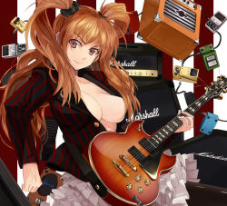 Rule 34 | 1girl, amplifier, breast slip, breasts, brown eyes, brown hair, cable, cleavage, electric guitar, frilled skirt, frills, guitar, instrument, kabocha, kabocha (monkey4), long hair, looking at viewer, marshall, medium breasts, no bra, one breast out, open clothes, open shirt, original, shirt, skirt, solo, twintails, yamaha