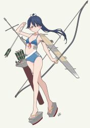 Rule 34 | 1girl, alternate costume, arrow (projectile), bare pectorals, bikini, blue bikini, blue eyes, blue hair, bow, bow (weapon), commentary request, front-tie bikini top, front-tie top, full body, highres, houshou (kancolle), kantai collection, long hair, navel, neve (morris-minicooper), pectorals, ponytail, rigging, signature, simple background, solo, swimsuit, weapon, white bow