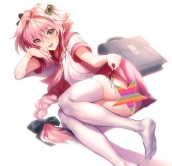 Rule 34 | 1boy, astolfo (fate), astolfo (sailor paladin) (fate), bad id, bad pixiv id, boba, censored, clothes lift, fate/grand order, fate (series), hair intakes, lifted by self, long hair, looking at viewer, lying, male focus, official alternate costume, school uniform, serafuku, simple background, skirt, smile, thighhighs, trap, white background, white legwear