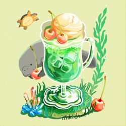 Rule 34 | animal, artist name, cherry, commentary request, crystal, cup, drink, drinking glass, food, food focus, fruit, grass, green theme, ice, ice cream, ice cream float, ice cube, issiki toaki, manatee, melon soda, no humans, original, plant, turtle