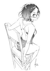Rule 34 | 1girl, back, bare shoulders, chair, closed mouth, dated, glasses, greyscale, hair ornament, hairclip, highres, kyo (kuroichigo), looking back, medium hair, mole, monochrome, original, signature, sitting, solo, swimsuit