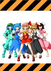 Rule 34 | &gt;:), &gt;:d, 5girls, :d, animal ears, backpack, bad id, bad pixiv id, bag, barefoot, black hair, blonde hair, blue eyes, blue hair, bow, cirno, embodiment of scarlet devil, flandre scarlet, grin, hair ribbon, hands on own hips, hat, inaba tewi, kawashiro nitori, multiple girls, no wings, one side up, open mouth, parody, ponytail, rabbit ears, randoseru, red eyes, ribbon, rumia, sentai, short hair, side ponytail, smile, super sentai, takuzo, touhou, two side up, v-shaped eyebrows