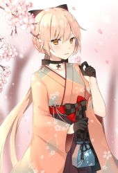 Rule 34 | 1girl, bad id, bad twitter id, black bow, black gloves, blush, bow, bow choker, braid, canape (canape0130), cherry blossoms, choker, collarbone, festival, floral print, flower, from behind, girls&#039; frontline, gloves, hair bow, hair ribbon, hakama, hakama skirt, half gloves, high-waist skirt, holding, holding flower, holster, japanese clothes, long hair, looking at viewer, meiji schoolgirl uniform, obi, official alternate costume, orange eyes, ots-14 (flurry of petals) (girls&#039; frontline), ots-14 (girls&#039; frontline), parted lips, petals, pink hair, ribbon, sash, skirt, smile, solo, thigh holster, thigh strap, thighs, torn clothes, torn hakama, torn skirt, very long hair