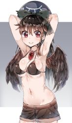 Rule 34 | 1girl, arched back, armpits, arms behind head, arms up, bad id, bad pixiv id, ball, beachball, bikini, bikini top only, bird wings, black bikini, black wings, blush, bow, breasts, brown hair, cleavage, collarbone, gradient background, green bow, hair bow, highres, holding, holding ball, long hair, looking at viewer, medium breasts, multiple girls, navel, re-ka, red eyes, reiuji utsuho, short shorts, shorts, skindentation, slit pupils, smile, solo, swimsuit, tareme, third eye, touhou, wings
