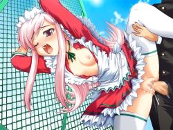 Rule 34 | 00s, 1girl, ;o, against fence, apron, bent over, blush, buttons, censored, choker, clothed sex, cloud, dress, dutch angle, fence, flat chest, from below, gakuran, game cg, hair ornament, hairclip, leg grab, leg up, long hair, lucy maria misora, maid, maid apron, maid headdress, mosaic censoring, nipples, no panties, one eye closed, open clothes, open fly, open mouth, outdoors, parted bangs, penis, pink hair, public indecency, purple eyes, pussy, pussy juice, ribbon, rooftop, saliva, school uniform, sex, sky, splush wave, tears, thighhighs, to heart (series), to heart 2, unzipped, vaginal, very long hair, white thighhighs, wince, wink