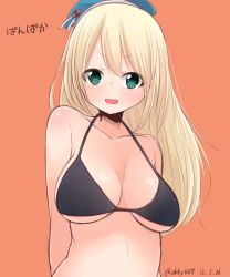 Rule 34 | 10s, 1girl, arms behind back, atago (kancolle), beret, bikini, black bikini, blonde hair, breasts, collarbone, dated, female focus, green eyes, halterneck, hat, highres, hoshimiya aki, kantai collection, large breasts, long hair, looking at viewer, open mouth, orange background, simple background, sketch, smile, solo, swimsuit, upper body