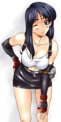Rule 34 | 1990s (style), 1girl, belt, black hair, blue eyes, breasts, cleavage, female focus, final fantasy, final fantasy vii, fingerless gloves, gloves, hand on own hip, hip focus, kamia (not found), midriff, one eye closed, retro artstyle, shirt, simple background, skirt, solo, suspenders, tifa lockhart, white shirt, wink