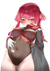 Rule 34 | 1girl, @ @, absurdres, black coat, blush, breasts, cameltoe, cleavage, coat, covered navel, cowboy shot, cropped jacket, embarrassed, gluteal fold, groin, hair ribbon, heterochromia, highleg, highleg leotard, highres, hololive, houshou marine, jacket, leotard, leotard under clothes, long hair, looking at viewer, medium breasts, no pants, off shoulder, red eyes, red hair, red jacket, red ribbon, ribbon, see-through, see-through cleavage, see-through leotard, sleeveless, sleeveless jacket, solo, stomach, takeno omoti, torn clothes, torn leotard, twintails, virtual youtuber, yellow eyes