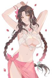 Rule 34 | 1girl, arm behind head, armpits, arms up, bare shoulders, bikini, black hair, blush, bracelet, braid, breasts, chest tattoo, cleavage, closed mouth, facial mark, fate/grand order, fate (series), flower, forehead mark, hair flower, hair ornament, highres, jewelry, large breasts, long hair, looking at viewer, multicolored hair, nail polish, namahamu (hmhm 81), navel, necklace, parted bangs, pearl bracelet, pearl necklace, petals, pink hair, sarong, sessyoin kiara, sessyoin kiara (swimsuit mooncancer), sessyoin kiara (swimsuit mooncancer) (first ascension), shell, shell necklace, simple background, smile, streaked hair, swimsuit, tattoo, thighs, twin braids, very long hair, white background, white bikini, yellow eyes