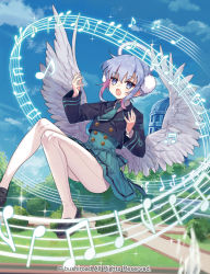 Rule 34 | 1girl, aqua necktie, aqua skirt, beamed eighth notes, beamed sixteenth notes, black footwear, black jacket, blue eyes, blue hair, blue sky, cardfight!! vanguard, character request, cloud, collared shirt, commentary request, copyright notice, day, eighth note, feathered wings, hair between eyes, halo, jacket, loafers, miyoshino, multicolored hair, musical note, necktie, official art, open mouth, outdoors, pantyhose, pink hair, pleated skirt, quarter note, shirt, shoes, short necktie, skirt, sky, solo, tower, two-tone hair, white pantyhose, white shirt, white wings, wings