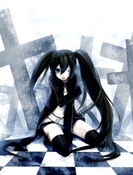 Rule 34 | 10s, 1girl, bad id, bad pixiv id, belt, black hair, black rock shooter, black rock shooter (character), blue eyes, boots, cape, checkered floor, chm, cross, female focus, gloves, injury, kneeling, long hair, midriff, navel, scar, shorts, solo, thigh boots, thighhighs, twintails, vocaloid
