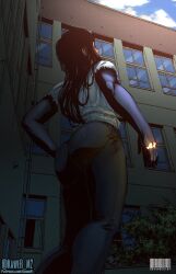 Rule 34 | 1girl, artist name, ass, ass focus, black hair, black pants, bokunocolor, building, chainsaw man, cloud, cloudy sky, colorized, female focus, highres, huge ass, kawer, kawer m2, pants, patreon username, shirt, sky, solo, sunlight, twitter username, white shirt, yoru (chainsaw man)