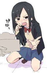 Rule 34 | 1girl, aki poi, black eyes, black hair, black jacket, black socks, blazer, blue skirt, blush, bow, bowtie, box, brown footwear, brown sweater, collared shirt, commentary request, fingernails, holding, holding box, jacket, kneehighs, loafers, long hair, long sleeves, open clothes, open jacket, original, out of frame, pleated skirt, red neckwear, shirt, shoes, skirt, sleeves past wrists, snot, socks, solo focus, squatting, sweater, tears, tile floor, tiles, tissue box, v-shaped eyebrows, very long hair, white background, white shirt