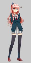 Rule 34 | 1girl, bad id, bad pixiv id, black thighhighs, blue eyes, cardigan, crossed arms, full body, grey background, hair ornament, highres, long hair, long legs, looking at viewer, one side up, open mouth, original, pink hair, school uniform, simple background, skirt, solo, tachi-e, tarachine, thighhighs