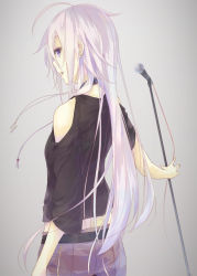 Rule 34 | 1girl, ahoge, blue eyes, braid, earrings, from behind, highres, ia (vocaloid), jewelry, la-na, long hair, looking back, microphone, microphone stand, open mouth, pink hair, skirt, solo, twin braids, very long hair, vocaloid