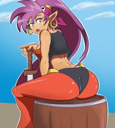 Rule 34 | 1girl, ass, bandana, bare shoulders, barrel, blue eyes, breasts, dark-skinned female, dark skin, earrings, female focus, from behind, huge ass, jewelry, large breasts, long hair, looking at viewer, open mouth, pants, purple hair, shantae, shantae (series), shiny clothes, shiny skin, sideboob, solo, sword, weapon
