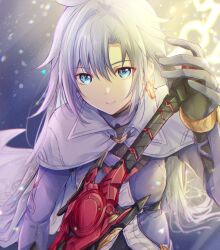 Rule 34 | 1girl, a (xenoblade), blue eyes, bodysuit, cape, closed mouth, commentary request, earrings, gloves, grey bodysuit, grey cape, grey gloves, grey hair, highres, holding, holding sword, holding weapon, jewelry, long hair, looking at viewer, monado, single earring, smile, solo, swept bangs, sword, ui frara, very long hair, weapon, xenoblade chronicles (series), xenoblade chronicles 3