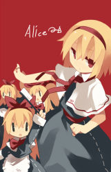 Rule 34 | 1girl, :o, alice margatroid, alternate eye color, apron, arm up, arrow (symbol), blonde hair, blue dress, bow, capelet, character name, doll, dress, female focus, frown, fuukadia (narcolepsy), hair bow, hairband, jewelry, long hair, long sleeves, looking at viewer, red background, red eyes, ring, shanghai doll, short hair, simple background, solo, text focus, touhou, weapon, | |