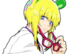 Rule 34 | 00s, 1boy, androgynous, aqua hair, bear ears, blonde hair, blue eyes, closed mouth, eyelashes, fake animal ears, from side, glasses, irabu ichirou, kuuchuu buranko, lab coat, looking at viewer, male focus, multicolored hair, necktie, simple background, solo, togetsuhou, upper body, white background