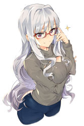 Rule 34 | 1girl, absurdres, cleavage cutout, clothing cutout, denim, glasses, highres, hip focus, idolmaster, idolmaster (classic), jeans, long hair, looking at viewer, pants, pink eyes, red-framed eyewear, shijou takane, silver hair, simple background, smile, solo, thighs, tuxedo de cat, very long hair, white background