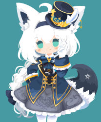 Rule 34 | 1girl, ahoge, animal ear fluff, animal ears, blue background, blue bow, blue bowtie, blue eyes, blue hairband, blue headwear, blue jacket, blush, bow, bowtie, braid, closed mouth, commentary request, ear piercing, fox ears, fox girl, fox shadow puppet, fox tail, grey skirt, hair between eyes, hairband, has bad revision, has downscaled revision, hat, highres, hololive, jacket, long hair, long sleeves, looking at viewer, md5 mismatch, pantyhose, piercing, resolution mismatch, rizu (rizunm), shirakami fubuki, shirakami fubuki (aristocrat kei), silver hair, simple background, skirt, smile, solo, source smaller, tail, top hat, twitter username, very long hair, virtual youtuber