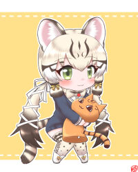 Rule 34 | 1girl, animal ears, bow, bowtie, cardigan, cat, cat ears, cat girl, cat tail, closed mouth, extra ears, geoffroy&#039;s cat (kemono friends), green eyes, grey hair, highres, kemono friends, kemono friends v project, kneehighs, long hair, mabuta (mbt), microphone, ribbon, shirt, shoes, simple background, socks, tail, twintails, virtual youtuber
