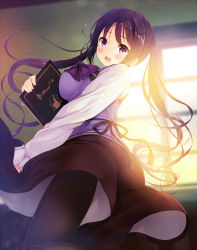 Rule 34 | 1girl, ass, black pantyhose, blurry, blush, breasts, depth of field, from behind, from below, glowing, gochuumon wa usagi desu ka?, hair ornament, hairclip, highres, komone ushio, large breasts, lens flare, long hair, looking at viewer, md5 mismatch, menu, open mouth, pantyhose, purple eyes, purple hair, rabbit house uniform, solo, tedeza rize, twintails, window