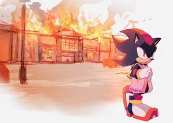 Rule 34 | 2boys, artist name, bag, black hair, building, burning, c01a (cola), claire&#039;s (company), closed mouth, highres, holding, holding bag, meme, multiple boys, red eyes, red hair, shadow the hedgehog, shoes, solo focus, sonic (series), sonic the hedgehog, watermark, white background
