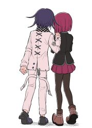 Rule 34 | 1boy, 1girl, arm at side, black footwear, brown footwear, brown pantyhose, checkered clothes, checkered scarf, danganronpa (series), danganronpa v3: killing harmony, from behind, grey jacket, grey pants, hand on another&#039;s shoulder, hand up, highres, jacket, long sleeves, medium hair, miniskirt, no headwear, oma kokichi, pants, pantyhose, pleated skirt, purple footwear, purple hair, red hair, red skirt, scarf, shoes, short hair, simple background, skirt, standing, white background, xiao (grsnss25), yumeno himiko