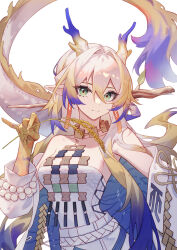 Rule 34 | 1girl, absurdres, arknights, blonde hair, blue hair, breasts, choker, commentary request, green eyes, hair intakes, hand up, highres, horns, jewelry, kirby d a, long hair, looking at viewer, medium breasts, multicolored hair, necklace, pointy ears, shu (arknights), simple background, smile, solo, strapless, tail, tube top, upper body, very long hair, white background, white hair