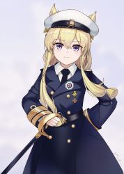 Rule 34 | 1girl, alternate costume, azur lane, belt, blonde hair, buttons, closed mouth, commentary, double-breasted, epaulettes, hair between eyes, hat, head tilt, highres, long hair, long sleeves, looking at viewer, medal, military, military uniform, peaked cap, purple eyes, real life, saber (weapon), sidelocks, sleeves past wrists, smile, solo, standing, sword, uniform, warspite (azur lane), weapon, wutong mingye