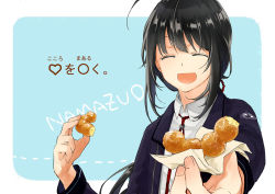 Rule 34 | 10s, 1boy, ^ ^, ahoge, akn92, alternate costume, black hair, character name, doughnut, closed eyes, food, giving, heart, male focus, namazuo toushirou, open mouth, personification, smile, solo, touken ranbu, translation request, upper body