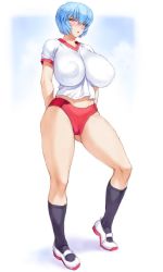 Rule 34 | 1girl, absurdres, arms behind back, ayanami rei, blue hair, blush, breasts, buruma, cameltoe, cleft of venus, embarrassed, covered erect nipples, full body, groin, gym uniform, highres, huge breasts, impossible clothes, legs, looking at viewer, mogudan, neon genesis evangelion, parted lips, red eyes, shoes, short hair, simple background, solo, standing, thick thighs, thighs