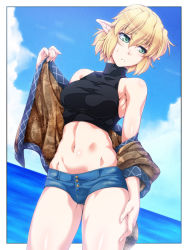Rule 34 | 1girl, blonde hair, blue shorts, blue sky, breasts, cloud, commentary request, day, green eyes, hair between eyes, looking to the side, medium breasts, midriff, mizuhashi parsee, navel, ocean, ootsuki wataru, pointy ears, short hair, short shorts, shorts, sky, solo, thighs, touhou