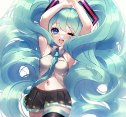 1girl, absurdly long hair, aqua hair, armpits, arms up, backlighting, bare arms, black legwear, black skirt, blue eyes, blue neckwear, blurry, breasts, collared shirt, commentary request, cowboy shot, curly hair, depth of field, dot nose, eyebrows visible through hair, eyelashes, eyes visible through hair, grey shirt, groin, hair between eyes, hatsune miku, highres, light blush, light particles, long eyelashes, long hair, looking at viewer, medium breasts, navel, necktie, one eye closed, open mouth, partially unbuttoned, pleated skirt, round teeth, shaded face, shiny, shiny hair, shirt, simple background, skindentation, skirt, sleeveless, sleeveless shirt, solo, ste sou25, stomach, tareme, teeth, thighhighs, twintails, upper teeth, very long hair, vocaloid, white background, zettai ryouiki