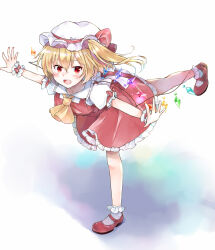 Rule 34 | 1girl, ascot, blonde hair, crystal wings, dress, flandre scarlet, frilled dress, frills, full body, hat, hat ribbon, highres, mary janes, open mouth, red dress, red eyes, red ribbon, ribbon, shoes, short hair, side ponytail, socks, solo, touhou, white mob cap, wrist cuffs, yellow ascot, yurara (aroma42enola)