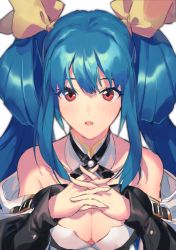 Rule 34 | 1girl, blue hair, blush, breasts, cleavage, commentary request, dizzy (guilty gear), guilty gear, guilty gear xrd, hair ribbon, interlocked fingers, large breasts, long hair, looking at viewer, nishise suname, open mouth, red eyes, ribbon, simple background, solo, white background