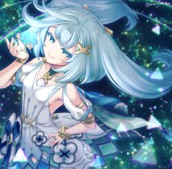 Rule 34 | 1girl, aqua hair, armlet, armpits, bracelet, commentary request, detached sleeves, dress, faruzan (genshin impact), genshin impact, green eyes, hair between eyes, hair ornament, hand on own hip, jewelry, long hair, long sleeves, looking at viewer, manji taba, pyramid (geometry), ring, simple background, smile, solo, symbol-shaped pupils, triangle-shaped pupils, two side up, white dress, wind, x hair ornament