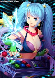 Rule 34 | 1girl, arcade sona, artist name, bare shoulders, bead necklace, beads, bird, blue eyes, blue hair, blue nails, bra, breasts, cleavage, controller, crop top, dissolving, earrings, eyelashes, fingerless gloves, floating hair, game controller, gloves, glowing, gradient hair, green gloves, hair ornament, halterneck, jewelry, joystick, kaho okashii, large breasts, league of legends, long hair, looking at viewer, md5 mismatch, medium breasts, midriff, multicolored hair, nail polish, necklace, parted lips, purple bra, purple hair, rainbow, red lips, resolution mismatch, revision, sidelocks, solo, sona (league of legends), source larger, star (symbol), star earrings, star hair ornament, strap slip, transparent, twintails, two-tone hair, underwear, upper body
