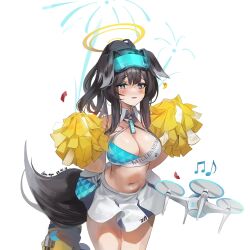 Rule 34 | 1girl, animal ears, blue archive, breasts, cha-myu, cheerleader, cleavage, dog ears, dog girl, dog tail, drone, eyewear on head, fireworks, goggles, goggles on head, halo, hibiki (blue archive), hibiki (cheer squad) (blue archive), highres, holding, holding pom poms, large breasts, millennium cheerleader outfit (blue archive), official alternate costume, plump, pom pom (cheerleading), pom poms, simple background, skirt, solo, star sticker, sticker on face, tail, text print, white background, white skirt, yellow halo