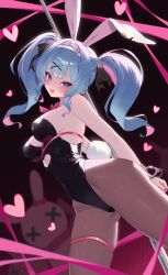Rule 34 | 1girl, absurdres, animal ears, arms behind back, bare shoulders, black leotard, blue eyes, blue hair, blush, bound, bound wrists, bow, bowtie, breasts, commentary, cowboy shot, cuffs, hair between eyes, hair ornament, hair ribbon, hairband, handcuffs, hatsune miku, heart, highres, leotard, long hair, looking at viewer, medium breasts, open mouth, pantyhose, playboy bunny, pole, pole dancing, rabbit hole (vocaloid), ribbon, seoki (hi3031), solo, standing, strapless, strapless leotard, stripper pole, symbol-only commentary, vocaloid
