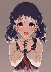 Rule 34 | 1girl, black hair, bow, chelle ingham, clenched hands, commentary request, dress, fangs, fukumaru koito, grey background, hair bow, highres, idolmaster, idolmaster shiny colors, long sleeves, looking at viewer, medium hair, open mouth, plaid, plaid dress, purple eyes, skin fangs, solo, twintails