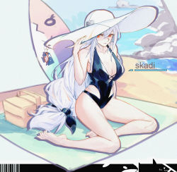 Rule 34 | 1girl, absurdres, alternate costume, arknights, barcode, bare shoulders, basket, beach, black one-piece swimsuit, breasts, character name, cleavage, collarbone, commentary, grey hair, hand on headwear, hat, highres, long hair, low-tied long hair, one-piece swimsuit, orca, red eyes, shark, sitting, skadi (arknights), solo, surfboard, swimsuit, white hat, xa-ze