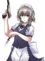 Rule 34 | 1girl, apron, black bow, black bowtie, blue eyes, blue skirt, blue vest, bow, bowtie, braid, breasts, commentary request, cowboy shot, frilled apron, frills, green bow, gun, hair between eyes, hair bow, hand up, handgun, holding, holding gun, holding knife, holding weapon, izayoi sakuya, knife, looking at viewer, maid, maid apron, maid headdress, pistol, puffy short sleeves, puffy sleeves, shirt, short hair, short sleeves, silver hair, simple background, skirt, skirt set, small breasts, solo, standing, touhou, trigger discipline, trigger happy (rui-rin), twin braids, vest, waist apron, weapon, white apron, white background, white shirt, wing collar