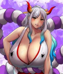 Rule 34 | 1girl, absurdres, blue hair, blush, breasts, cleavage, earrings, erkaz, female focus, gigantic breasts, hair ornament, hair stick, hand on own hip, highres, horns, huge breasts, japanese clothes, jewelry, long hair, looking at viewer, multicolored hair, one piece, rope belt, solo, two-tone hair, upper body, veins, veiny breasts, white hair, yamato (one piece), yellow eyes