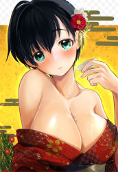Rule 34 | 1girl, 5saiji, alcohol, bare shoulders, between breasts, black hair, blush, breasts, cleavage, clothes down, cup, egasumi, flower, green eyes, hair flower, hair ornament, japanese clothes, kimono, large breasts, looking at viewer, original, pouring, pouring onto self, sakazuki, sake, short hair