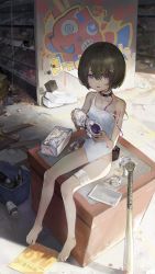 Rule 34 | 1girl, absurdres, akefumi, bag, bandages, barefoot, bat (animal), black hair, bottle, box, can, commentary, fish bone, graffiti, hair ornament, hairpin, highres, holding, holding shoes, leotard, looking at viewer, original, purple eyes, shoes, shop, short hair, smile, sneakers, solo, spoon, strap slip, white leotard